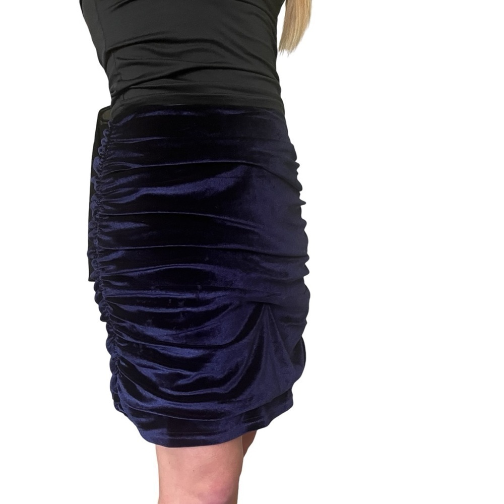 Lulus mini ruched navy blue skirt velvet zipper lined Women L - Picture 5 of 13